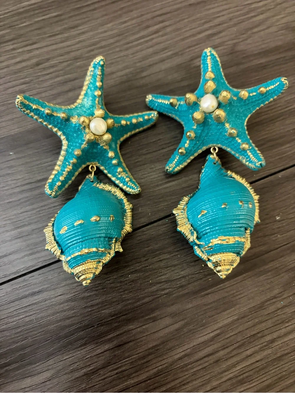 Turquoise Starfish & Shell Statement Earrings - Picture 7 of 8